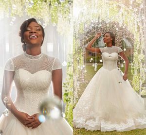 2018 Nieuwste Baljurk Trouwjurken Hoge Hals Cap Mouwen Pailletten Kralen Applicaties Tule Black Bridal Jurk Afrikaanse Nigeria Bruidsjurken