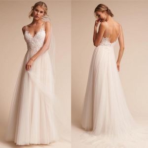 Nieuwste BHLDN Ivory Lace Tulle Beach Wedding Jurken A Line V Neck Ploes Long Summer Bruids Jurken Huwelijksreceptie 342