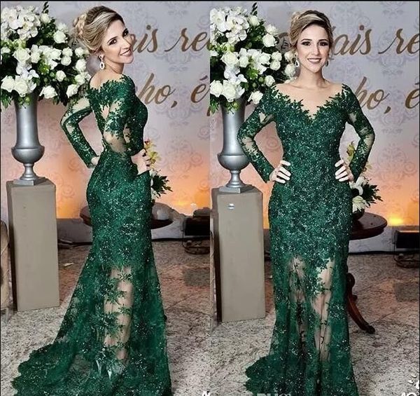 2018 plus récent sexy vert foncé mère de la mariée robes pure v cou dentelle appliques manches longues sirène formelle soirée robes de bal