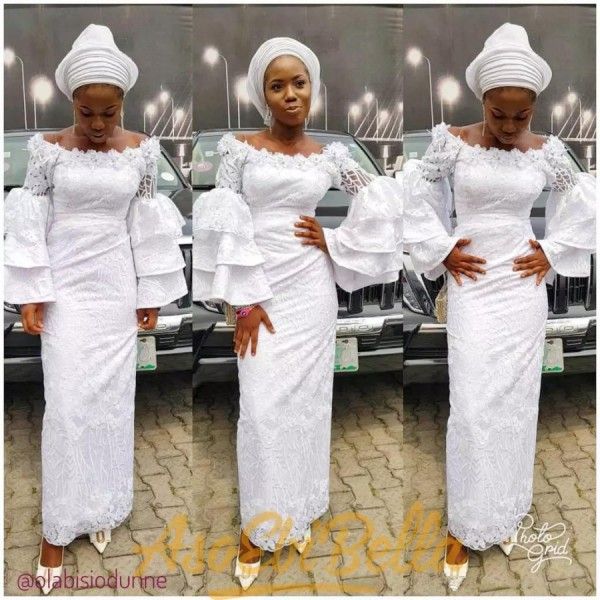 2018 estilos de encaje nigeriano vestidos de fiesta florales fuera del hombro escote vaina de encaje blanco de longitud completa mangas largas de campana vestidos de noche
