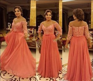 2018 Off Shoulder Lace Prom jurken lieverd booggordel plus maat 3/4 lange mouwen goedkoop een lijn chiffom saoedi -Arabische formele avondjurken