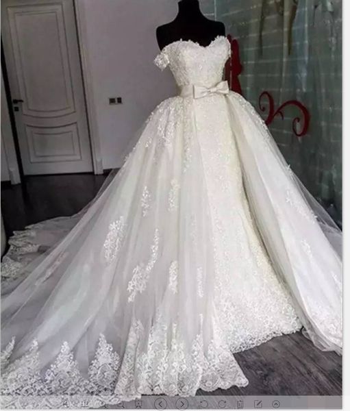 2022 Robe de mariée sirène à épaules dénudées jupe détachable dentelle appliques tulle robes de mariée vintage chapelle train robe de novia