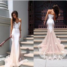 2018 Roze Sexy Prom Dress Elegante Sweetheart Mouwloze Applique Vloerlengte Mermaid Ruches Formal Party Avondjurken Rits Tule