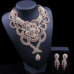 2018 vergulde kristallen sieraden sets bruids bruiloft ketting oorbellen strass roze kleur delicate juwelen voor vrouwen geschenk H1022