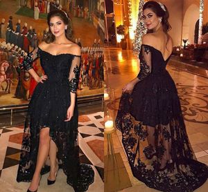 2018 plus size kant zwart prom dresses off shoulder 3/4 lange mouwen backless hoge lage avondjurken goedkope feestjurken