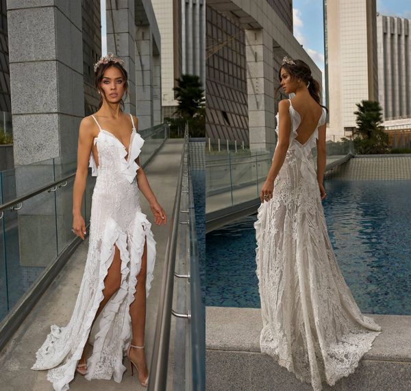 2018 Plus La Taille Robe De Mariée Cuisse Haute Fentes 3D Appliques Florales Profonde V Sheer Cou Robe De Novia Volants En Cascade Robes De Mariée En Dentelle