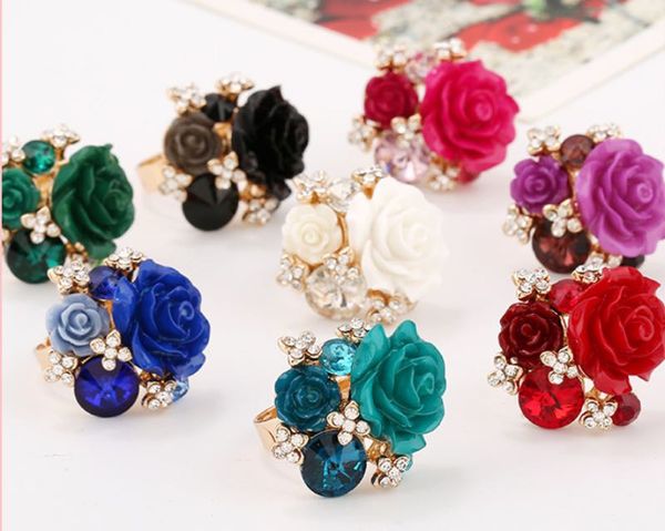 Jolies bagues en strass pour Index, 8 couleurs, fleurs en résine, anneau rond en cristal brillant, bijoux à la mode pour femmes, 31x27mm