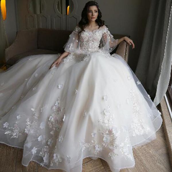Robes de mariée princesse féerique en dentelle florale 3D, avec des Appliques, manches cloche transparentes, ligne a, robe en Organza