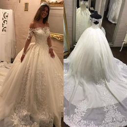 2019 prinses pure lange mouwen trouwjurk uit schouders kant appliques kerk formele bruid bruidsjurk plus size op maat gemaakt