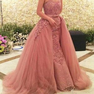 2018 Prom Dresses Arabische Sweetheart Mouwloze Kant Applique Kralen Parel Sashes Overskirts Mermaid Vestido Feestjurk Avondjurken Slijtage