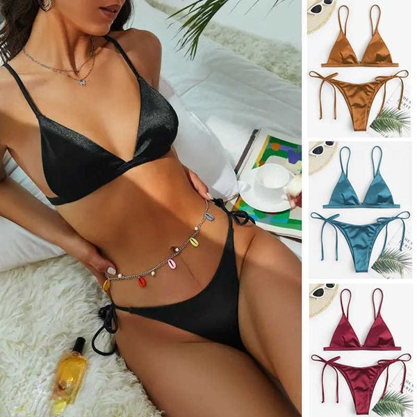 2018 Push on XS Strap Femmes Gradient Shiny Sexy T-line Maillots de bain Lace Up Triangle Bikini Set P230530