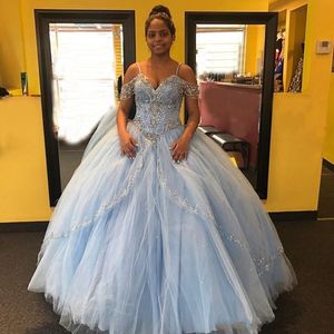 2020 Quinceanera Baljurk Jurken Spaghetti Bandjes Beaded Crystal Tiered Corset Back Puffy Plus Size Sweet 16 Long Party Prom Avondjurken