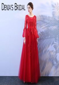 2018 Red Aline Avond Jurken met illusie Long Flare Lange mouwen schep halslijn kristal parels Lace Real Imgaes Prom -jurken XG7358554