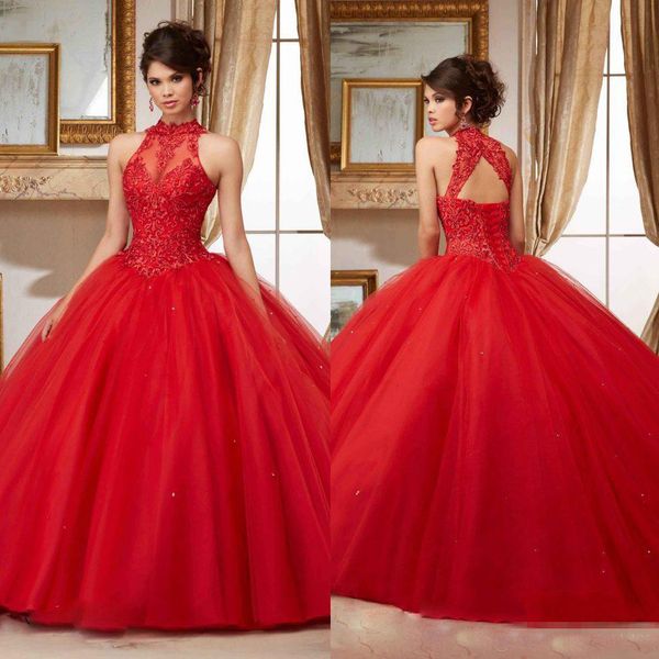 2018 Vestidos de quinceañera con cuentas rojas Sheer Cuello alto Dulce 16 Mascarada Vestidos de fiesta con apliques de encaje Vestido de debutante Ragazza de tul