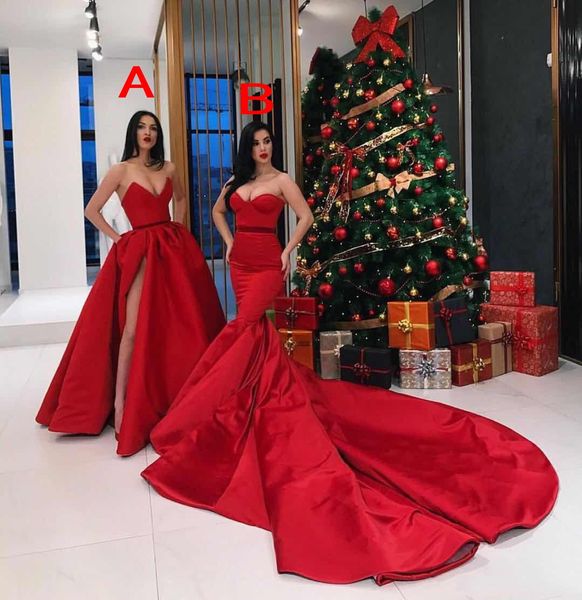 2018 rouge deux styles robes de bal sirène et une ligne chérie sans manches côté fendu dos fermeture éclair robes de soirée sexy robes de soirée290V