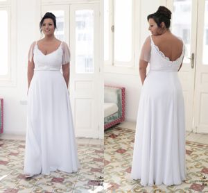 2022 Diseñador romántico Más Tamaño Vestido de novia Chiffon Barato en V Cuello con mangas cortas con cuentas Longitud larga Duración de los vestidos nupciales Nuevo