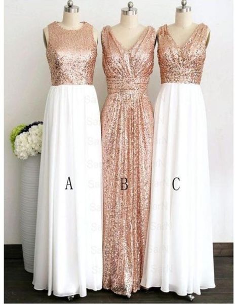 2018 Top de lentejuelas de oro rosa Falda de gasa blanca Vestidos largos y baratos para damas de honor Cuello en V Estilo joya fruncido para boda País Prom Fo5311137