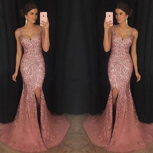 Luxe rose roze bling v-hals zeemeermin formele prom jurken kristal kralen pageant jurk major kralen split sweep trein avondjurk slijtage