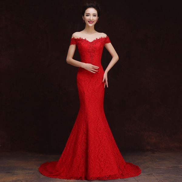 Mode sexy hors épaule longue robe de soirée femmes rouge et blanc robes dentelle sirène améliorée queue mariée chinois qipao robe moderne