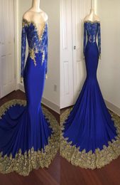 2018 Royal Blue Mermaid Long Sheeves Prom feestjurken Sheer Lace Gold Appliques Beading Zipper Degreat Graduation Dress Formal Evening G6962967