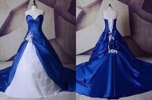 2022 Royal Blue White Wedding Dresses Fotos reales Cheap Applique Beaded Sequined Court Train vestidos de novia largos Tallas grandes Nuevo