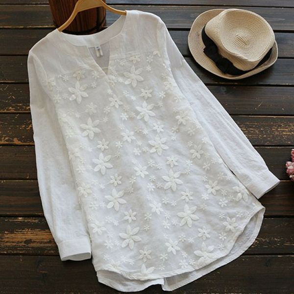 2018 S-5XL Femmes Col En V Organza Longues Chemises Surdimensionnés Tops Floral Brodé Chemise Blouse Blanc Dentelle Doux À Manches Longues Blouse