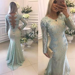 2021 Sage Mermaid Avondjurken Juweel Hals Lange Mouwen Kant Applique Sweep Trein Satijn Formele Prom Dress Pleats Party Town Custom