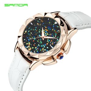 2018 Sanda Fashion Shiny Star Dial Women Watches Minimaliste STRAPE DE CUIR ROUGE MINIMAL