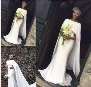 2018 Satijnen Zeemeermin Customed Made Goedkope Trouwjurken met Cape Rits Terug Bateau Arabische Black Girl Bridal Towns