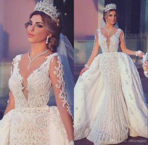 Vestidos de novia de sirena árabe Saud con falda desmontable Apliques de encaje de manga larga Vestido de novia hinchado de talla grande