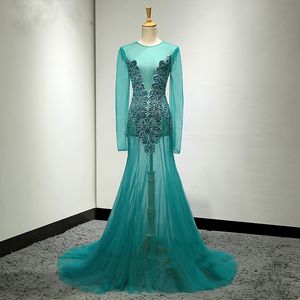 2018 Ver a través de Vestido de fiesta para mujer Con cuentas Turquesa Teal Diseño especial Fiesta por encargo Vestidos largos Vestidos sexy Hasta el suelo