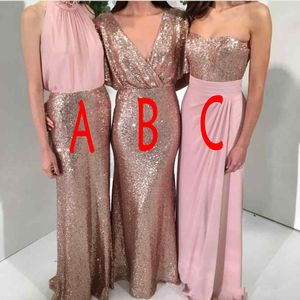 2020 Nouveaux paillettes sexy bling sirène robes de demoiselle d'honneur des styles mélangés en or rose et au sol rose prome femme de chambre d'honneur