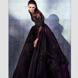 Setwell Black Satin A Line Avondjurken Custom Sweep Train Lace Applicaties Jurken Lange Mouwen Prom Dress Robe de Soiree