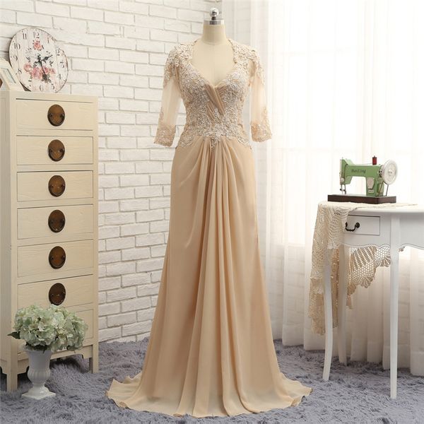 Setwell Champagne Chiffon Mère de la mariée Robes De Longues Manches Habillées Robes de Mariage Volé Robe de mariage sans dos