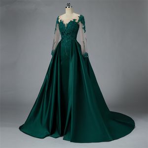 Setwell Dark Green Satin Mermaid Avondjurken Custom Side Split Toga Afneembare Trein Lange Mouwen Prom Dress Robe de Soiree
