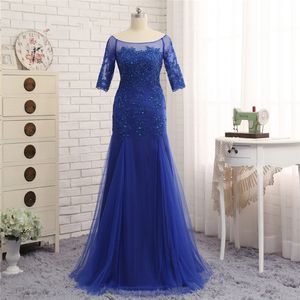 Setwell élégant bleu tulle de sirène mariée mariée robe de banquet demi manche en dentelle perlée