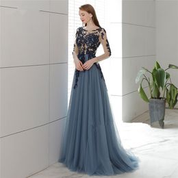 Setwell Navy Tulle a Line Avondjurken Custom Sweep Train Pailletten Lange Mouwen Avondjurken Jewel Prom Dress Robe de Soiree