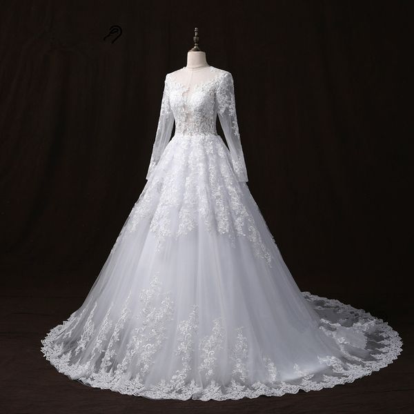 Setwell White Dentelle A Ligne Robes de mariée Élégante Jijou Train Court Country Robes De Mariage Personnel À Manches Longues Plus Taille Robe de mariée taille