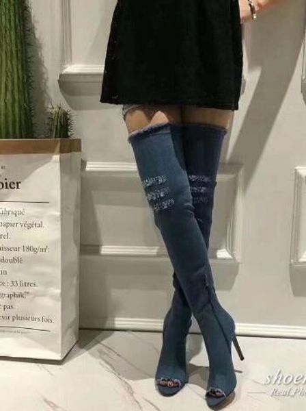 2018 Sexy bleu Denim sur les bottes au genou femme bout ouvert trou gland frange mince chaussures à talons hauts femme mode bottes longues été