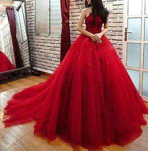 2021 Sexy Dark Rood Prom Jurken Illusie Kant Applicaties Crystal Beaded Tulle Puffy Plus Size Formele Party Draag Hollow Back Evening Jassen