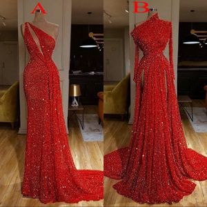 2020 Bourgondië Rode Sequin Mermaid Prom Dresses High Split Side Avondjurken Robe de Soiree