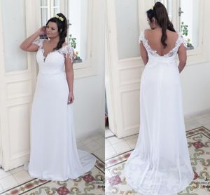 2018 Sexy Diepe V-hals Open Rug Trouwjurken Plus size Applique Kant Strand Stijlvol Met Korte Mouwen Chiffon Bruidsjurken