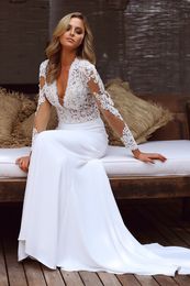 2018 robes de mariée sexy col en V profond sirène avec dentelle manches longues style campagnard en mousseline de soie illusion robes de mariée de créateur robes de mariée