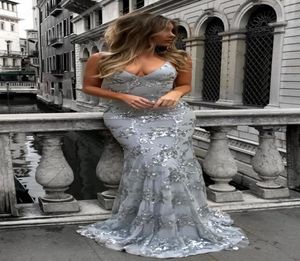 2018 Sexy Graceful V Neck Spahetti Stracles Sequins Sirène Long Robe de bal Silver sans soirée Robes de soirée femelle robe de fête maxi 1828782