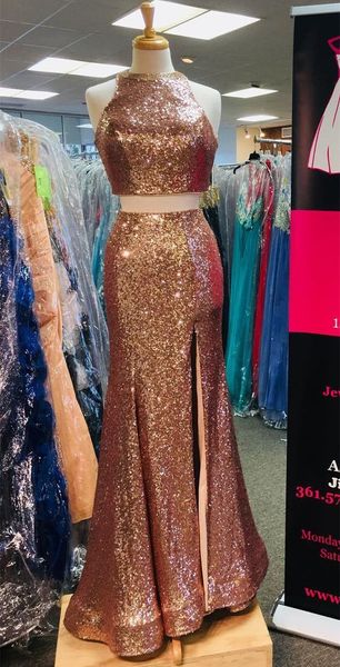 2018 Sexy High Side Slit Soirée Robes De Bal Rose Or Pas Cher Long Deux Pièces Robes À Paillettes Sirène Élégant Real Photo Robe Formelle