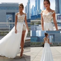 2018 sexy hoge split boho trouwjurken sheer halslijn korte mouw kant geappliceerd bruidsjurken elegante chiffon strand trouwjurk