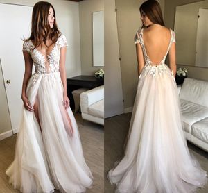 100% echt beeld sexy split tule kant prom jurken v hals Cap mouwen witte champagne vloer lengte backless avondjurken formele jurken