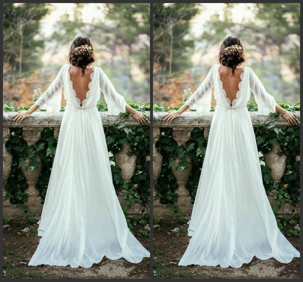 2020 Vestidos de novia bohemios sin espalda de manga larga 3/4 de encaje de marfil sexy 2017 Vestidos de novia de playa de talla grande de gasa con flujo de tren de corte de verano 356