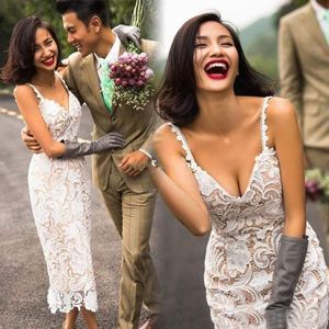 2018 Sexy Dentelle Plage Robes De Mariée Bretelles Spaghetti Pleine Dentelle Gaine Cheville Longueur Robes De Mariée Sur Mesure