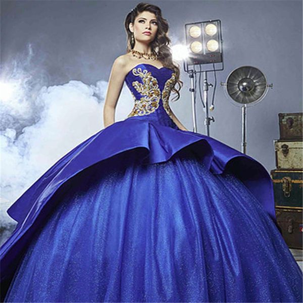 2020 Sexy Dernier Détail Or Broderie Quinceanera Robes avec Peplum Mascarade Robe De Bal Bleu Royal Sweety 16 Robe De Bal De Fête